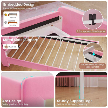 DICTAC Twin/Full LED Bed Frame with Storage Drawer, Wavy Velvet Upholstered Kids Bed with Safety Guardrails, Charging Station & RGB Lights, Pink