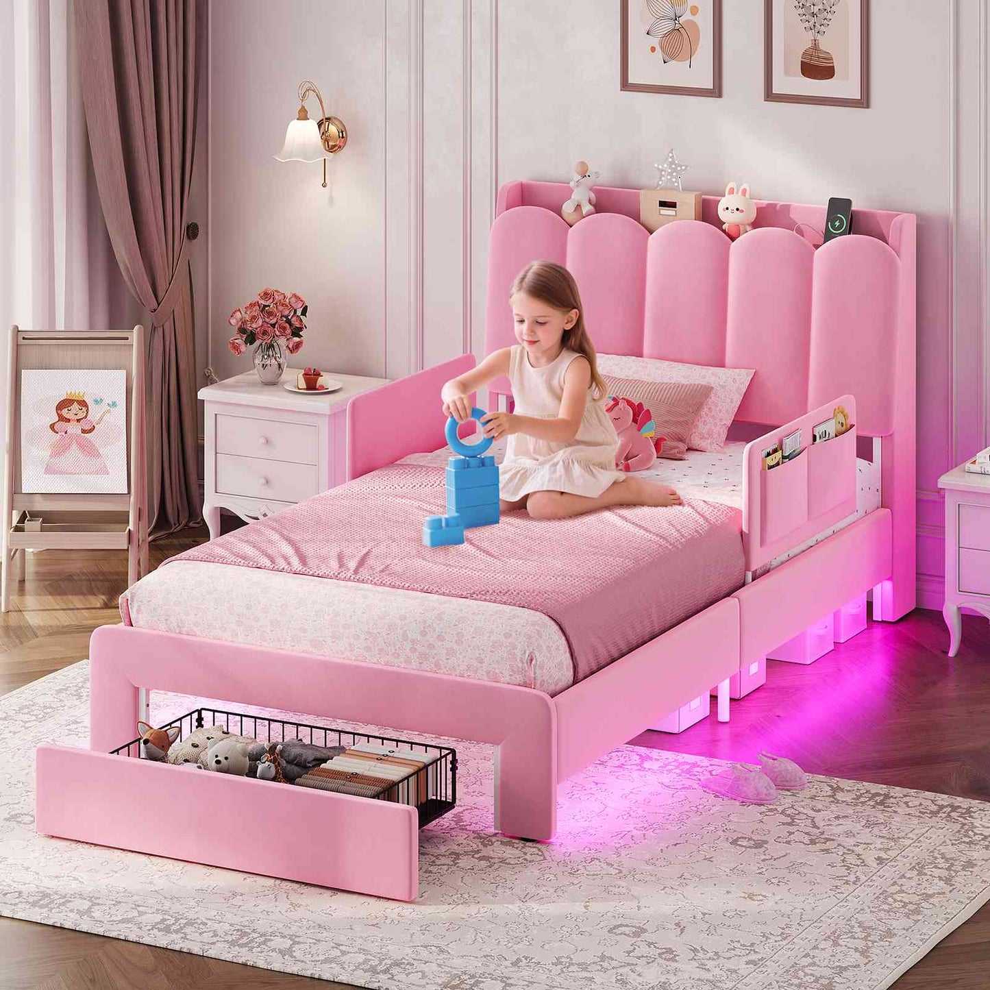 DICTAC Twin/Full LED Bed Frame with Storage Drawer, Wavy Velvet Upholstered Kids Bed with Safety Guardrails, Charging Station & RGB Lights, Pink