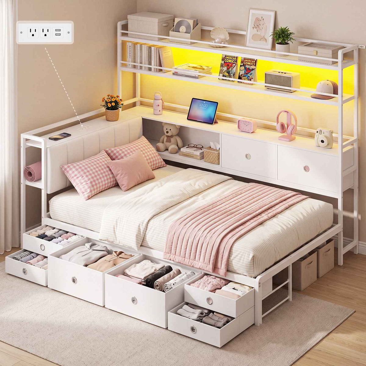 DICTAC |  Twin Corner Bed with 8 Storage Drawers, Bookshelf, Charging Station & LED Lights