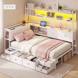 DICTAC |  Twin Corner Bed with 8 Storage Drawers, Bookshelf, Charging Station & LED Lights
