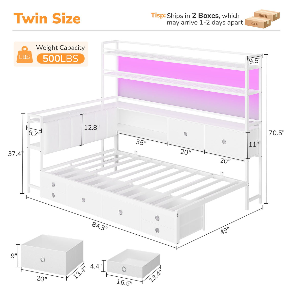 DICTAC |  Twin Corner Bed with 8 Storage Drawers, Bookshelf, Charging Station & LED Lights