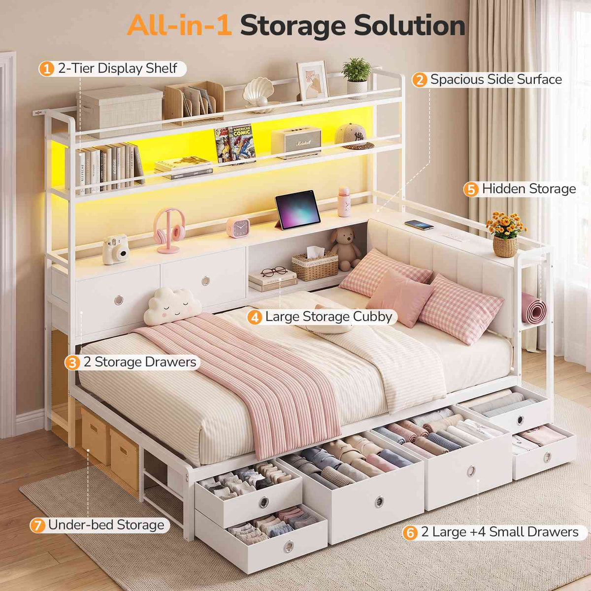 DICTAC |  Twin Corner Bed with 8 Storage Drawers, Bookshelf, Charging Station & LED Lights