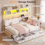 DICTAC |  Twin Corner Bed with 8 Storage Drawers, Bookshelf, Charging Station & LED Lights