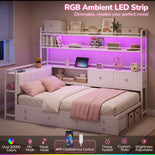 DICTAC |  Twin Corner Bed with 8 Storage Drawers, Bookshelf, Charging Station & LED Lights