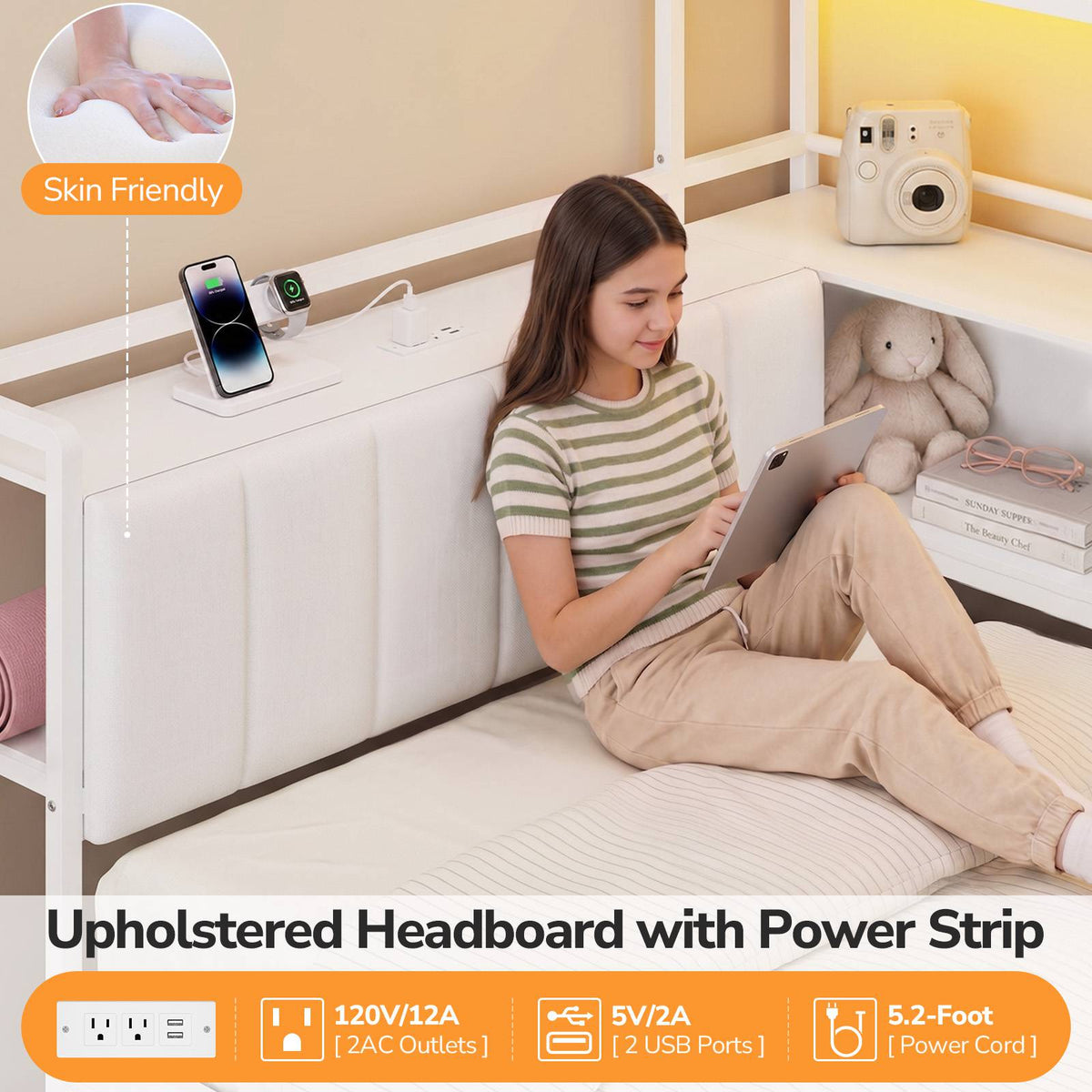 DICTAC |  Twin Corner Bed with 8 Storage Drawers, Bookshelf, Charging Station & LED Lights
