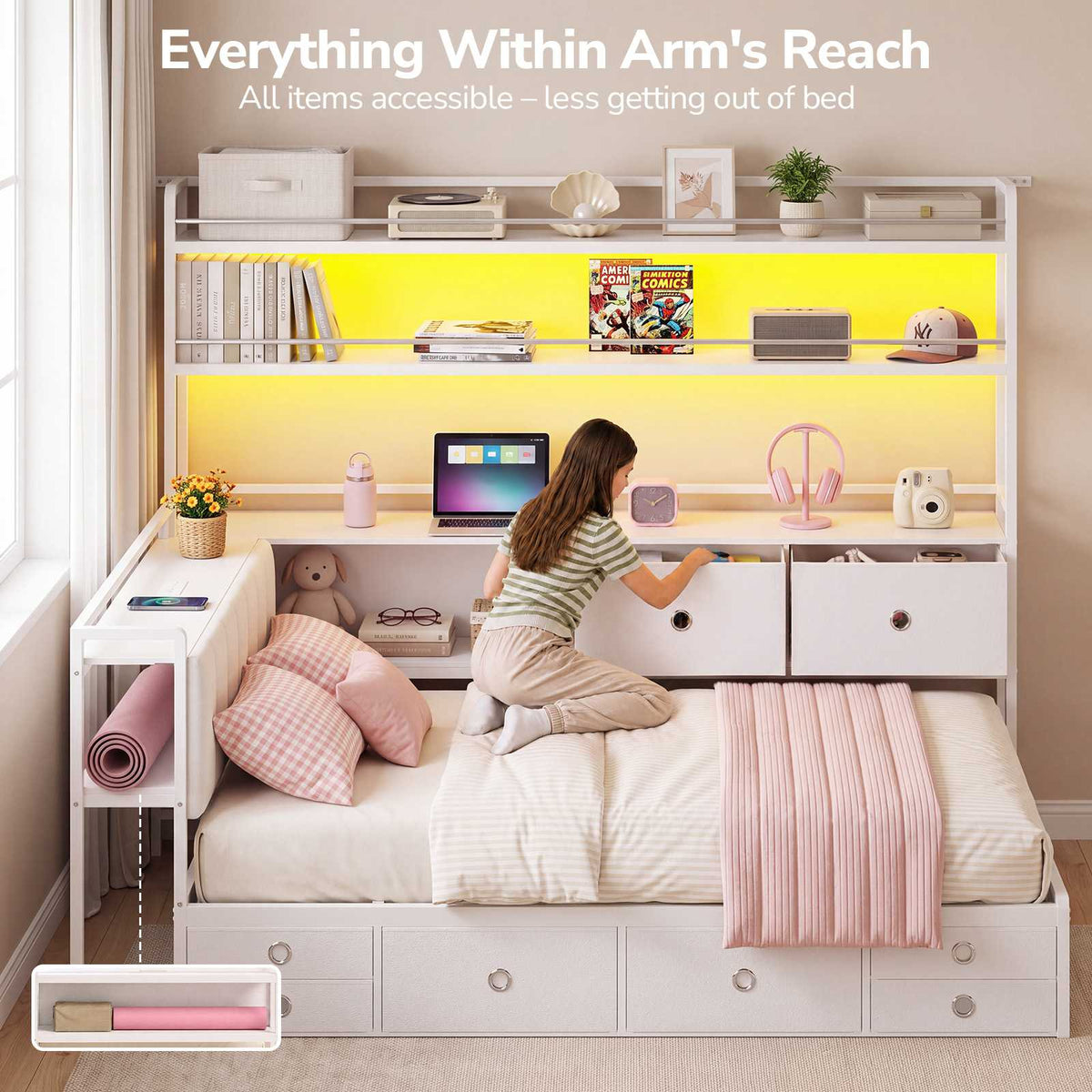 DICTAC |  Twin Corner Bed with 8 Storage Drawers, Bookshelf, Charging Station & LED Lights