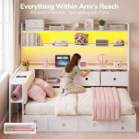 DICTAC |  Twin Corner Bed with 8 Storage Drawers, Bookshelf, Charging Station & LED Lights