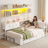 DICTAC |  Twin Corner Bed with 8 Storage Drawers, Bookshelf, Charging Station & LED Lights