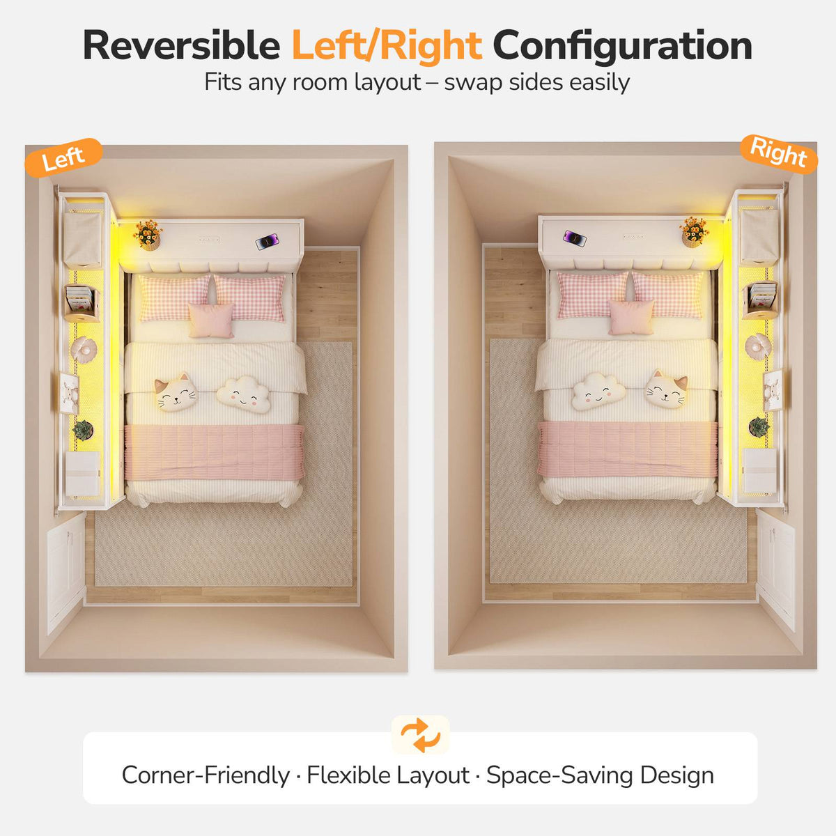 DICTAC |  Twin Corner Bed with 8 Storage Drawers, Bookshelf, Charging Station & LED Lights