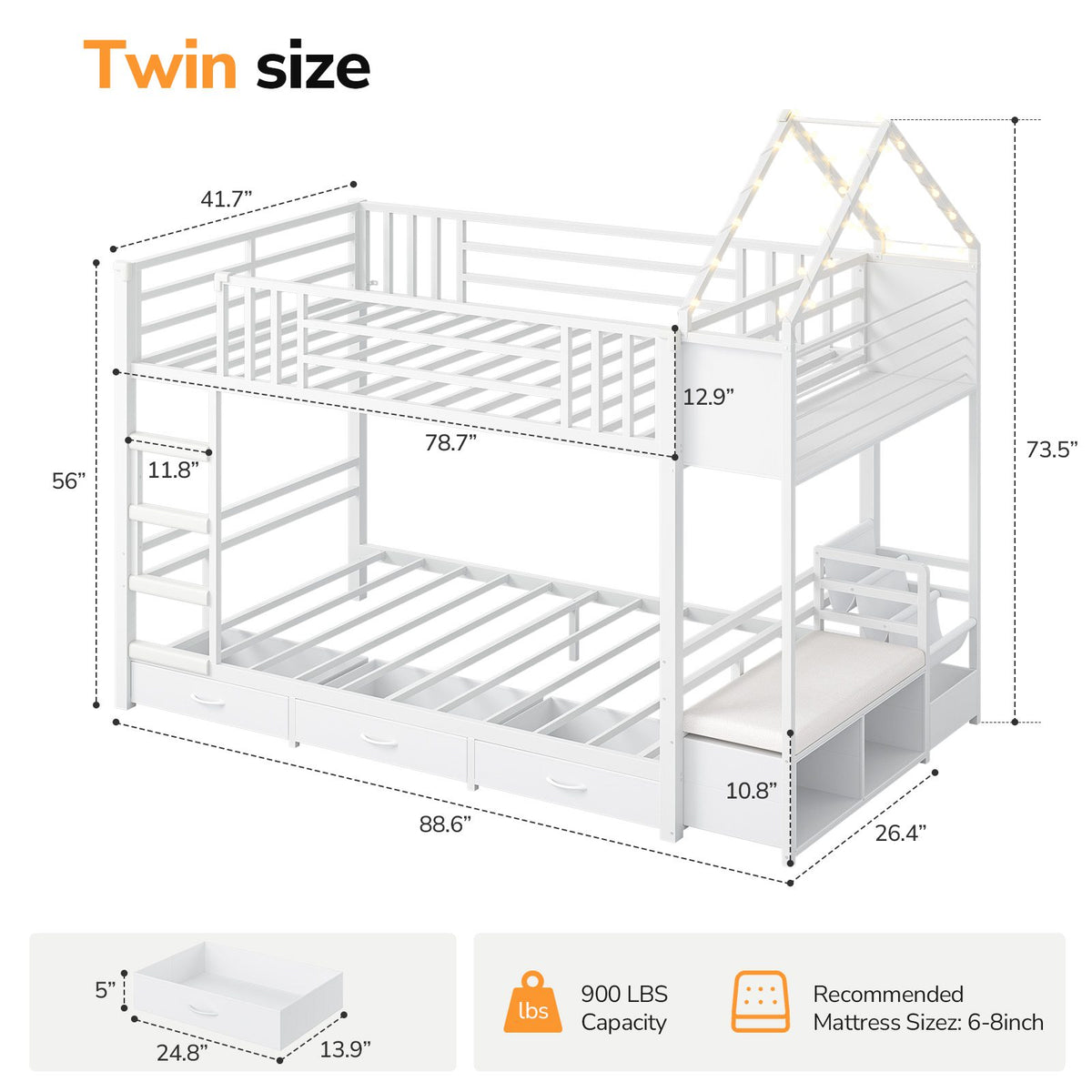 DICTAC |  Twin Over Twin Bunk Bed with 4 Storage Drawers, Bookshelf, Reading Nook & LED Lights