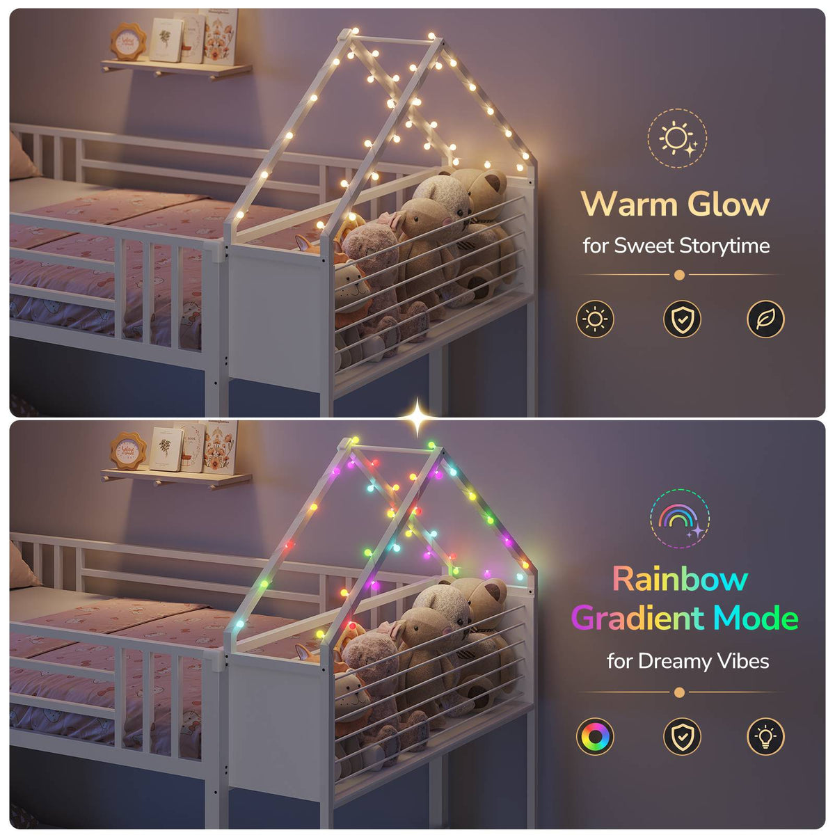 DICTAC |  Twin Over Twin Bunk Bed with 4 Storage Drawers, Bookshelf, Reading Nook & LED Lights