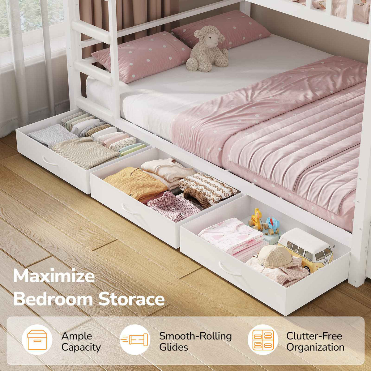 DICTAC |  Twin Over Twin Bunk Bed with 4 Storage Drawers, Bookshelf, Reading Nook & LED Lights