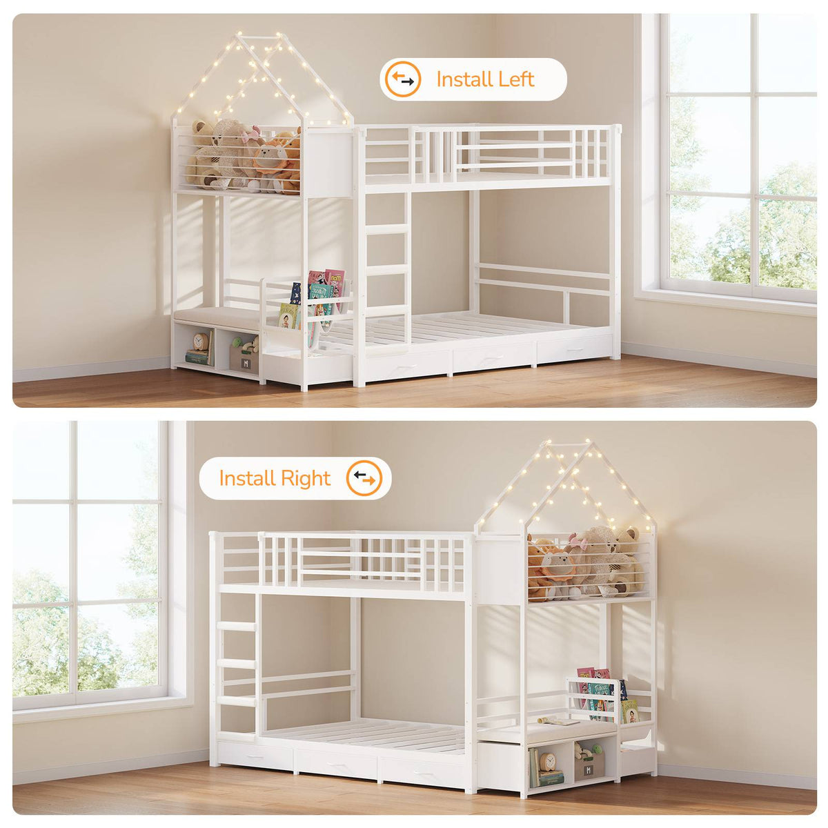 DICTAC |  Twin Over Twin Bunk Bed with 4 Storage Drawers, Bookshelf, Reading Nook & LED Lights