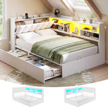 DICTAC | Corner Bed with 3 Drawers, Bookcase, LED Lights & Charging Station, Hidden Headboard Storage, White