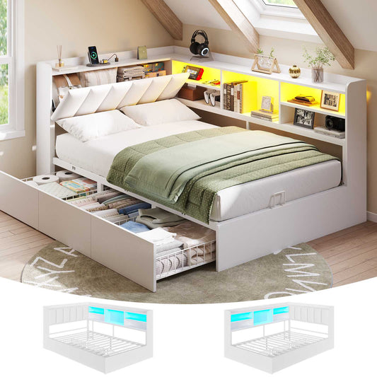 DICTAC | Corner Bed with 3 Drawers, Bookcase, LED Lights & Charging Station, Hidden Headboard Storage, White