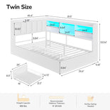 DICTAC | Corner Bed with 3 Drawers, Bookcase, LED Lights & Charging Station, Hidden Headboard Storage, White