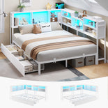 DICTAC | Corner Bed Frame with Storage Drawers, Bookcase Headboard, LED Lights & Charging Station for Kids and Teens - White