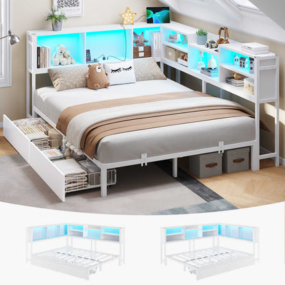 DICTAC | Corner Bed Frame with Storage Drawers, Bookcase Headboard, LED Lights & Charging Station for Kids and Teens, White