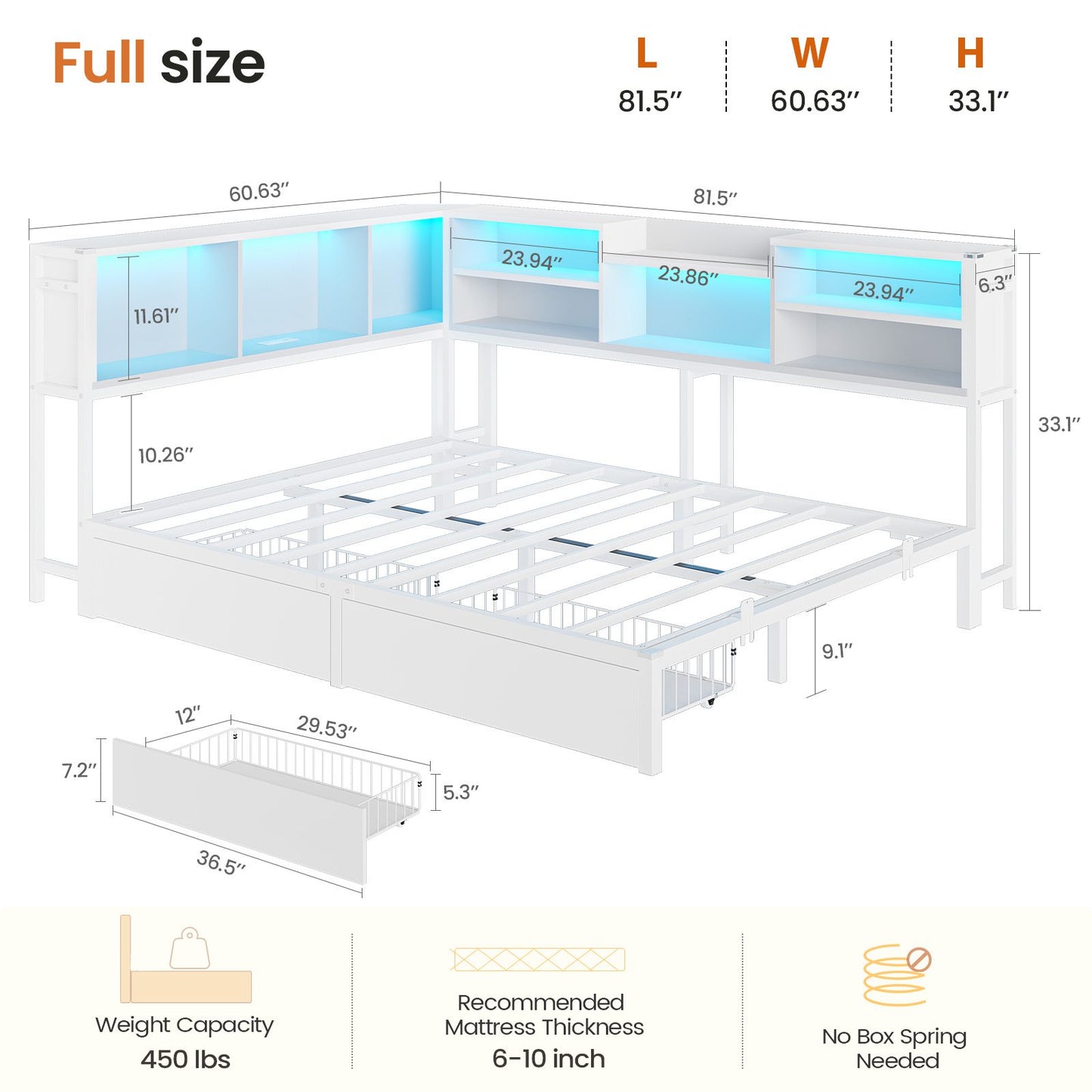 DICTAC | Corner Bed Frame with Storage Drawers, Bookcase Headboard, LED Lights & Charging Station for Kids and Teens, White