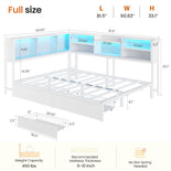 DICTAC | Corner Bed Frame with Storage Drawers, Bookcase Headboard, LED Lights & Charging Station for Kids and Teens - White