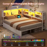 DICTAC | Corner Bed Frame with Storage Drawers, Bookcase Headboard, LED Lights & Charging Station for Kids and Teens - White