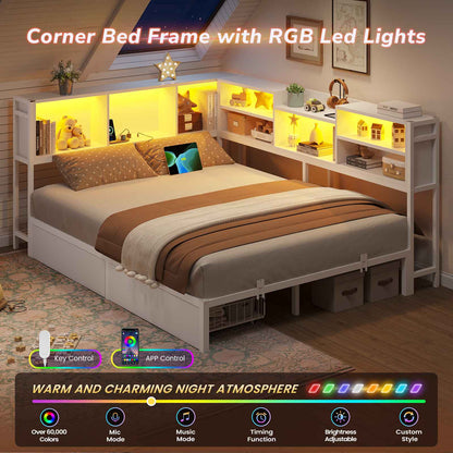 DICTAC | Corner Bed Frame with Storage Drawers, Bookcase Headboard, LED Lights & Charging Station for Kids and Teens, White
