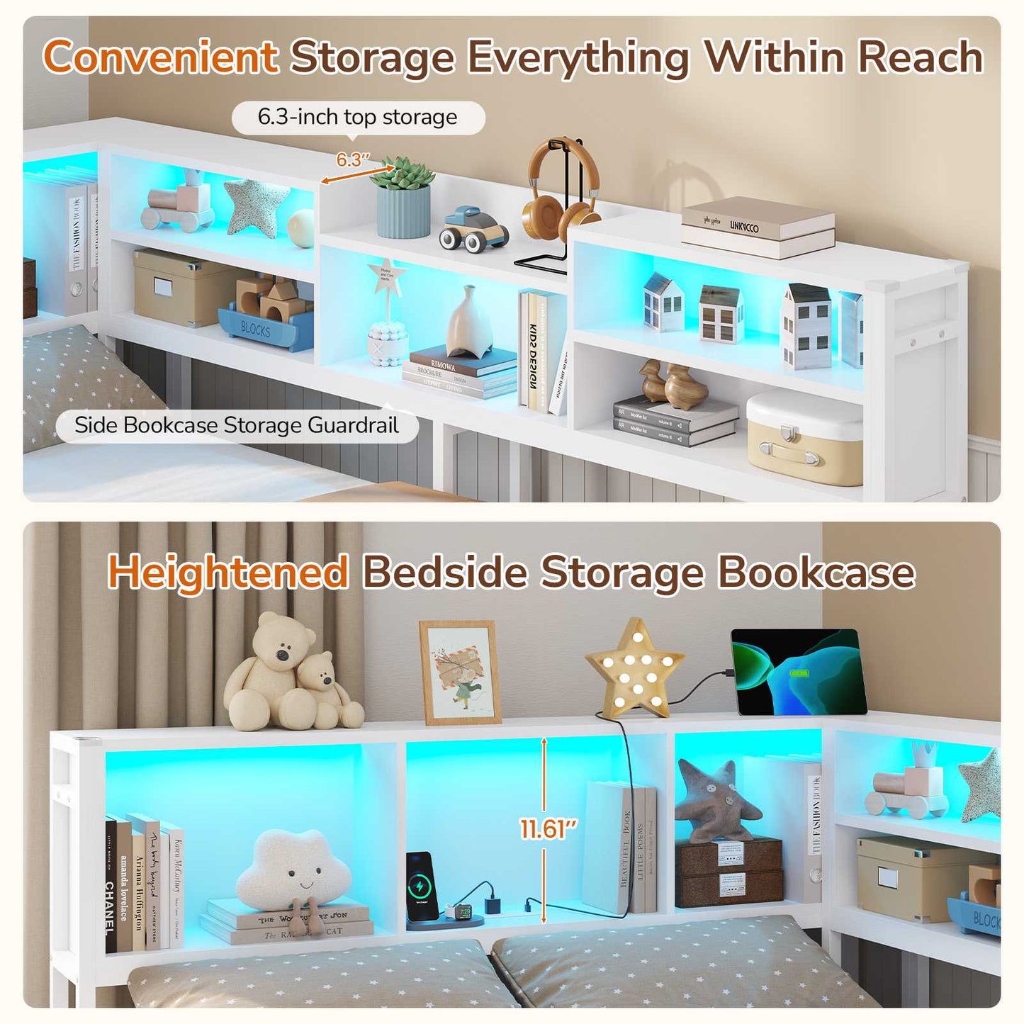 DICTAC | Corner Bed Frame with Storage Drawers, Bookcase Headboard, LED Lights & Charging Station for Kids and Teens, White