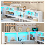 DICTAC | Corner Bed Frame with Storage Drawers, Bookcase Headboard, LED Lights & Charging Station for Kids and Teens - White