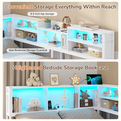 DICTAC | Corner Bed Frame with Storage Drawers, Bookcase Headboard, LED Lights & Charging Station for Kids and Teens, White