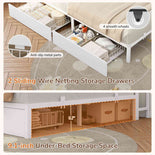 DICTAC | Corner Bed Frame with Storage Drawers, Bookcase Headboard, LED Lights & Charging Station for Kids and Teens - White