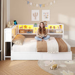 DICTAC | Corner Bed Frame with Storage Drawers, Bookcase Headboard, LED Lights & Charging Station for Kids and Teens - White