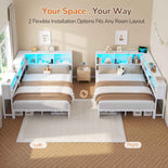DICTAC | Corner Bed Frame with Storage Drawers, Bookcase Headboard, LED Lights & Charging Station for Kids and Teens - White