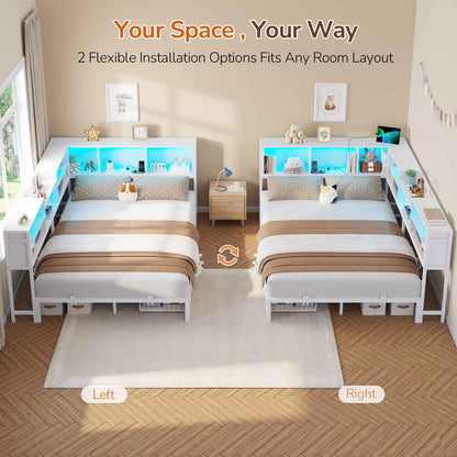 DICTAC | Corner Bed Frame with Storage Drawers, Bookcase Headboard, LED Lights & Charging Station for Kids and Teens, White