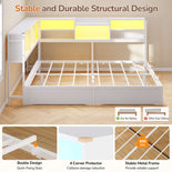 DICTAC | Corner Bed Frame with Storage Drawers, Bookcase Headboard, LED Lights & Charging Station for Kids and Teens - White