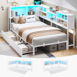 DICTAC | Corner Bed Frame with Storage Drawers, Bookcase Headboard, LED Lights & Charging Station for Kids and Teens - White