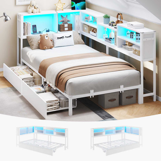 DICTAC | Corner Bed Frame with Storage Drawers, Bookcase Headboard, LED Lights & Charging Station for Kids and Teens, White