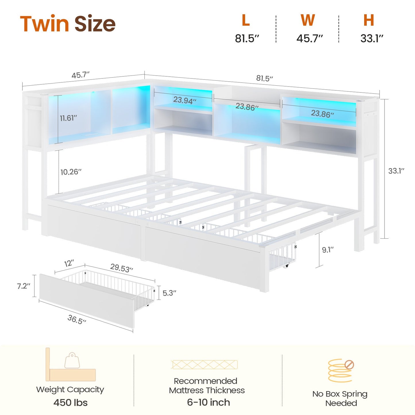 DICTAC | Corner Bed Frame with Storage Drawers, Bookcase Headboard, LED Lights & Charging Station for Kids and Teens, White