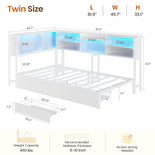 DICTAC | Corner Bed Frame with Storage Drawers, Bookcase Headboard, LED Lights & Charging Station for Kids and Teens - White