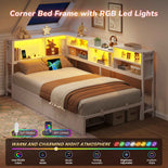 DICTAC | Corner Bed Frame with Storage Drawers, Bookcase Headboard, LED Lights & Charging Station for Kids and Teens - White