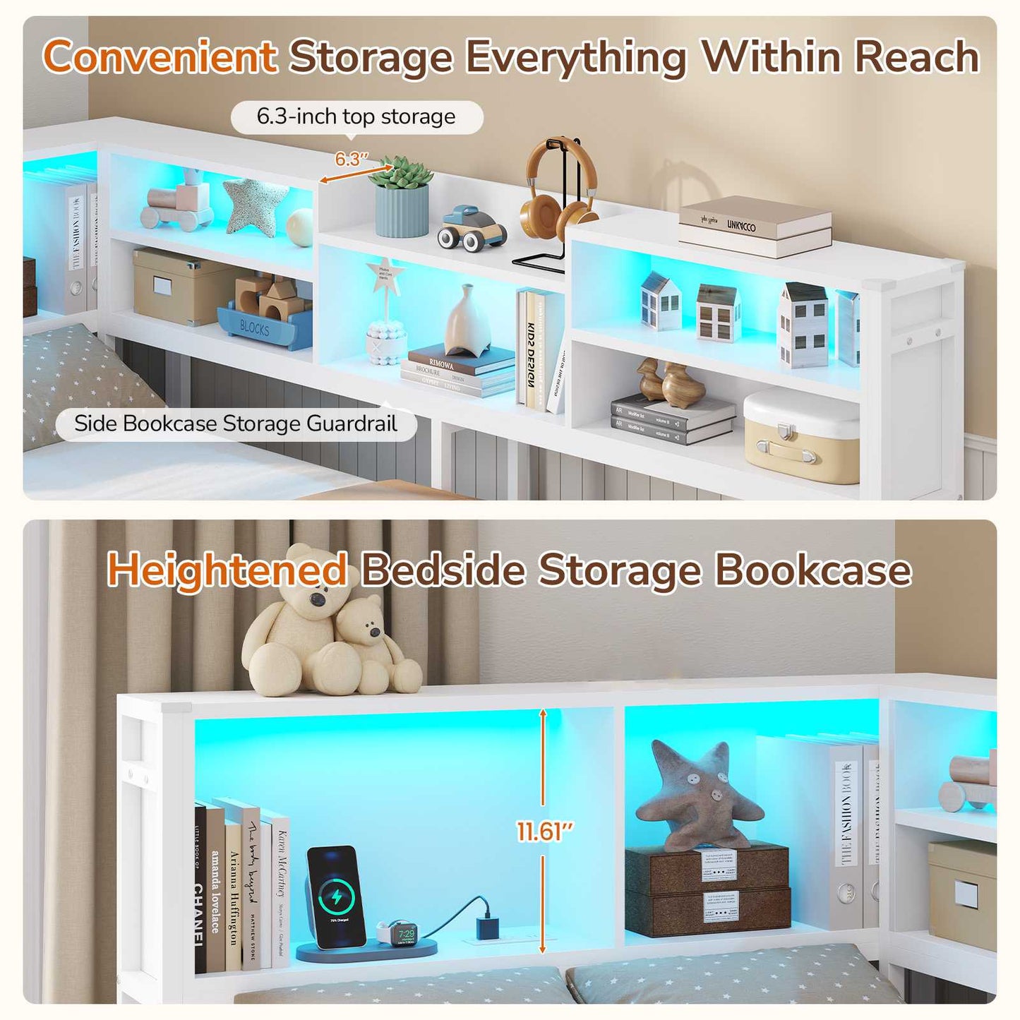 DICTAC | Corner Bed Frame with Storage Drawers, Bookcase Headboard, LED Lights & Charging Station for Kids and Teens, White