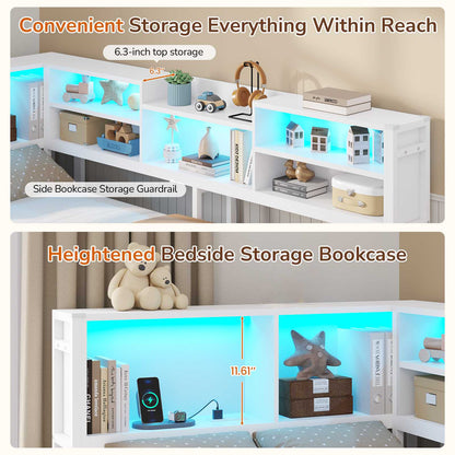 DICTAC | Corner Bed Frame with Storage Drawers, Bookcase Headboard, LED Lights & Charging Station for Kids and Teens, White