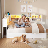 DICTAC | Corner Bed Frame with Storage Drawers, Bookcase Headboard, LED Lights & Charging Station for Kids and Teens - White