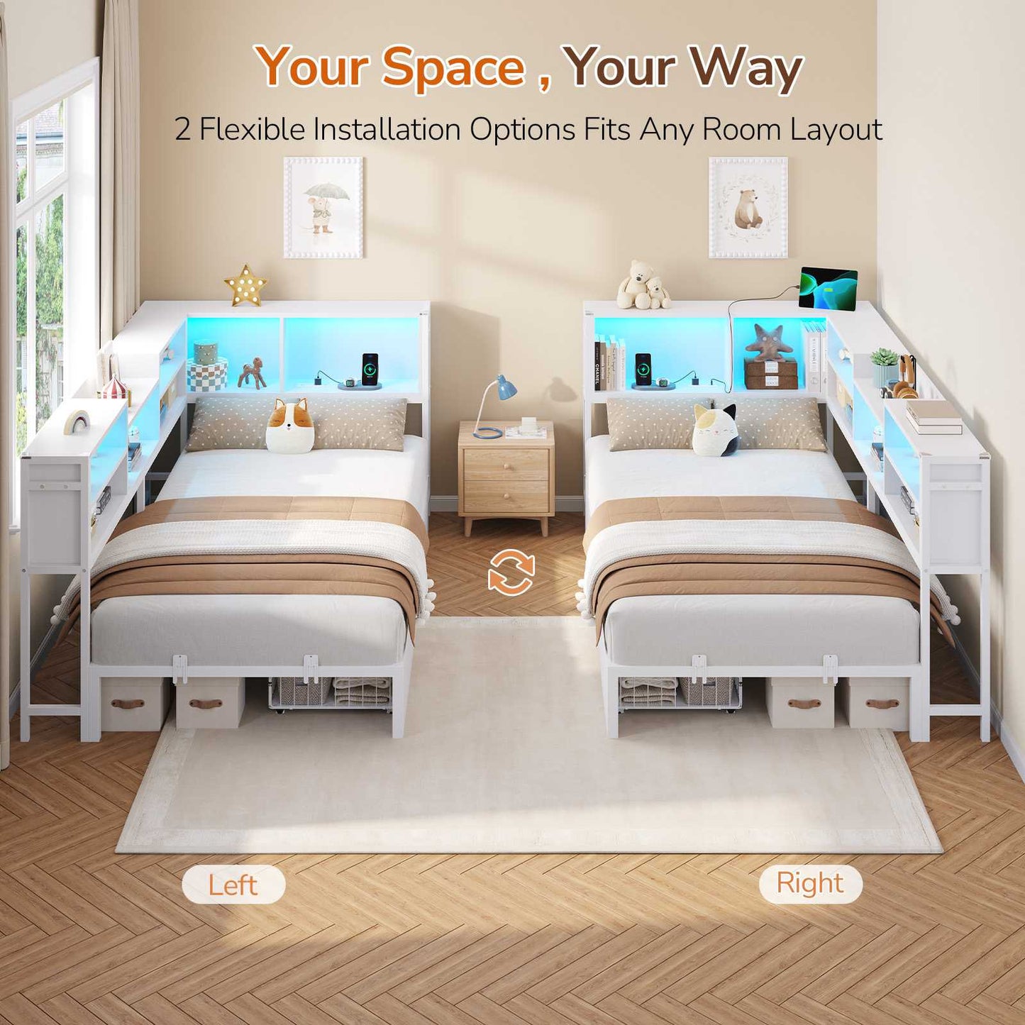 DICTAC | Corner Bed Frame with Storage Drawers, Bookcase Headboard, LED Lights & Charging Station for Kids and Teens, White