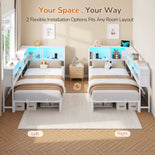 DICTAC | Corner Bed Frame with Storage Drawers, Bookcase Headboard, LED Lights & Charging Station for Kids and Teens - White