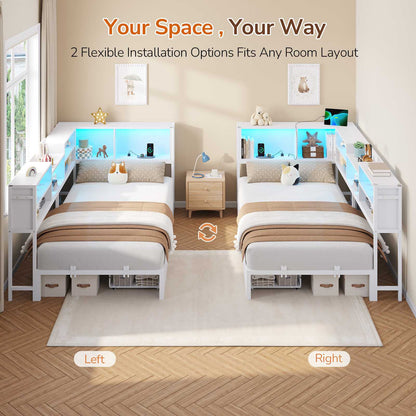 DICTAC | Corner Bed Frame with Storage Drawers, Bookcase Headboard, LED Lights & Charging Station for Kids and Teens, White