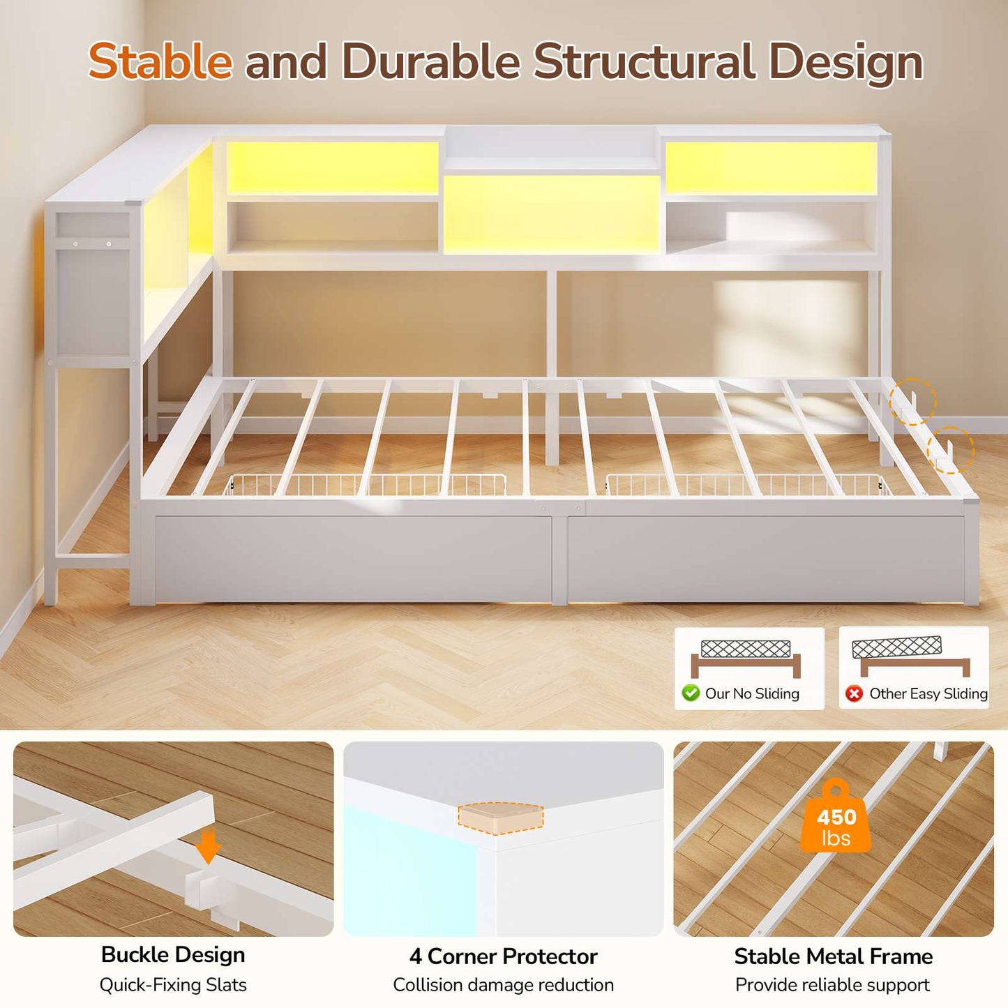 DICTAC | Corner Bed Frame with Storage Drawers, Bookcase Headboard, LED Lights & Charging Station for Kids and Teens, White