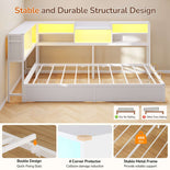 DICTAC | Corner Bed Frame with Storage Drawers, Bookcase Headboard, LED Lights & Charging Station for Kids and Teens - White