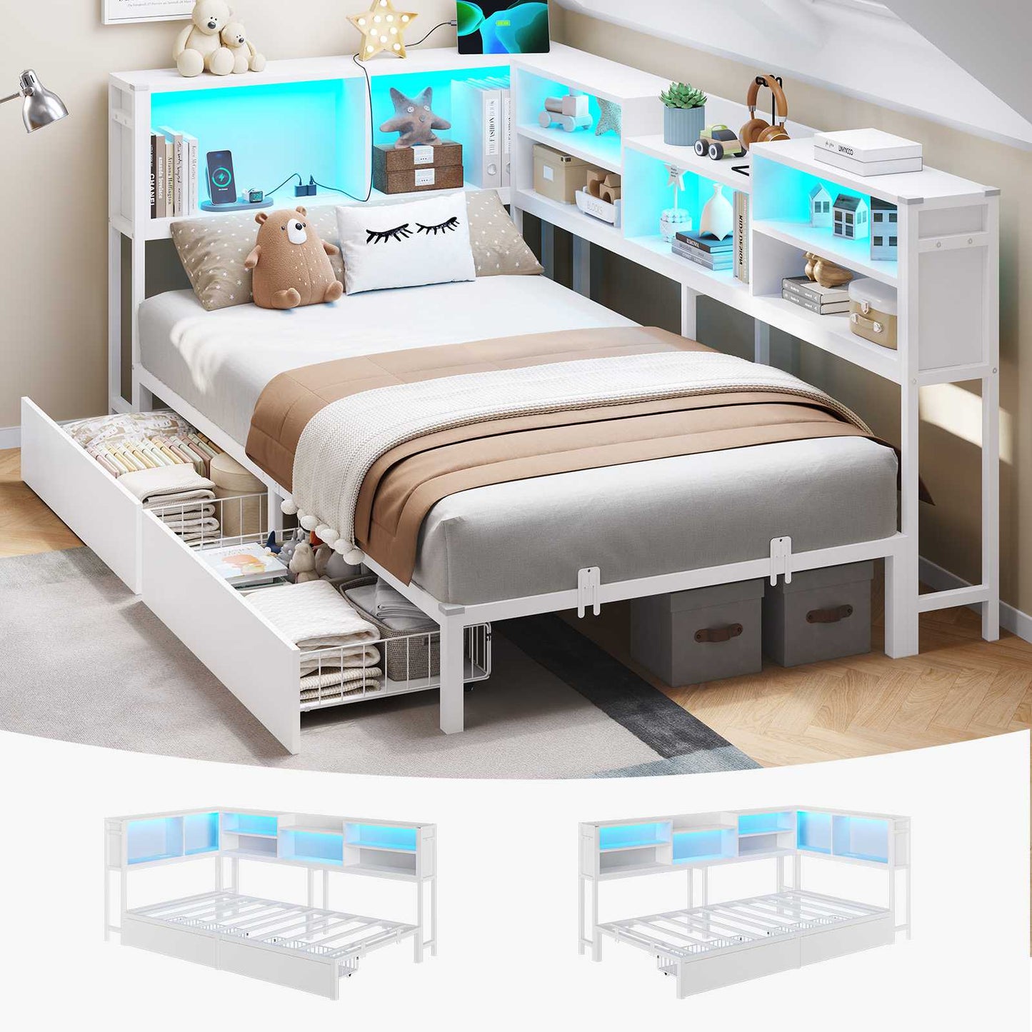 DICTAC | Corner Bed Frame with Storage Drawers, Bookcase Headboard, LED Lights & Charging Station for Kids and Teens, White