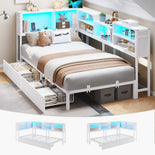 DICTAC | Corner Bed Frame with Storage Drawers, Bookcase Headboard, LED Lights & Charging Station for Kids and Teens - White