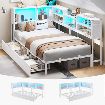 DICTAC | Corner Bed Frame with Storage Drawers, Bookcase Headboard, LED Lights & Charging Station for Kids and Teens, White